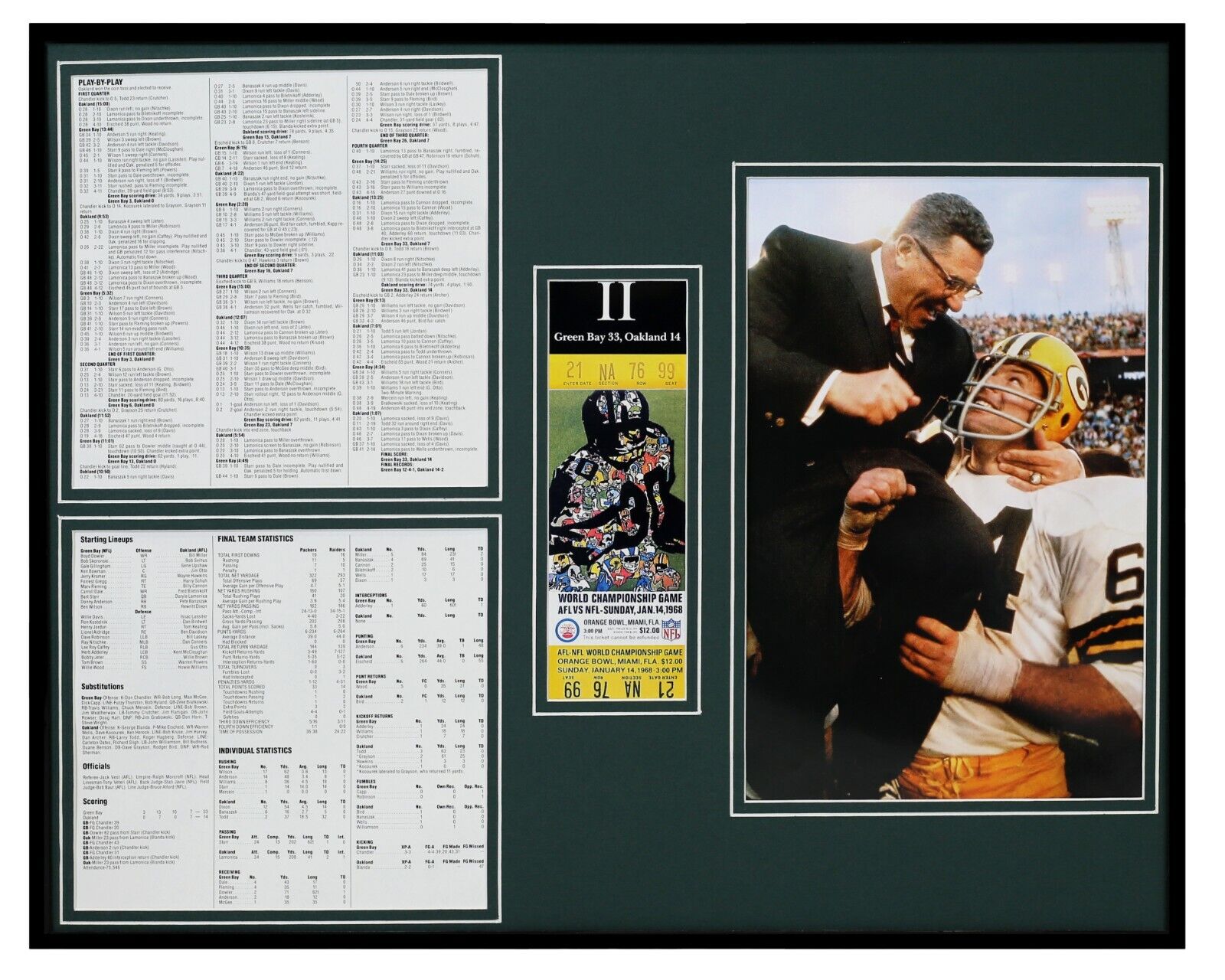 Super Bowl II Framed 16x20 Repro Ticket Boxscore & Photo Set Packers Raiders