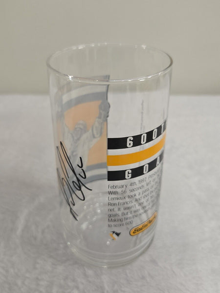 VINTAGE 1998 Eat n Park Mario Lemieux Glass Penguins 600th Goal Facsimile Signed