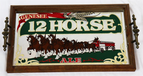 VINTAGE Genesee 12 Horse Beer 11x19" Glass Mirror Serving Tray