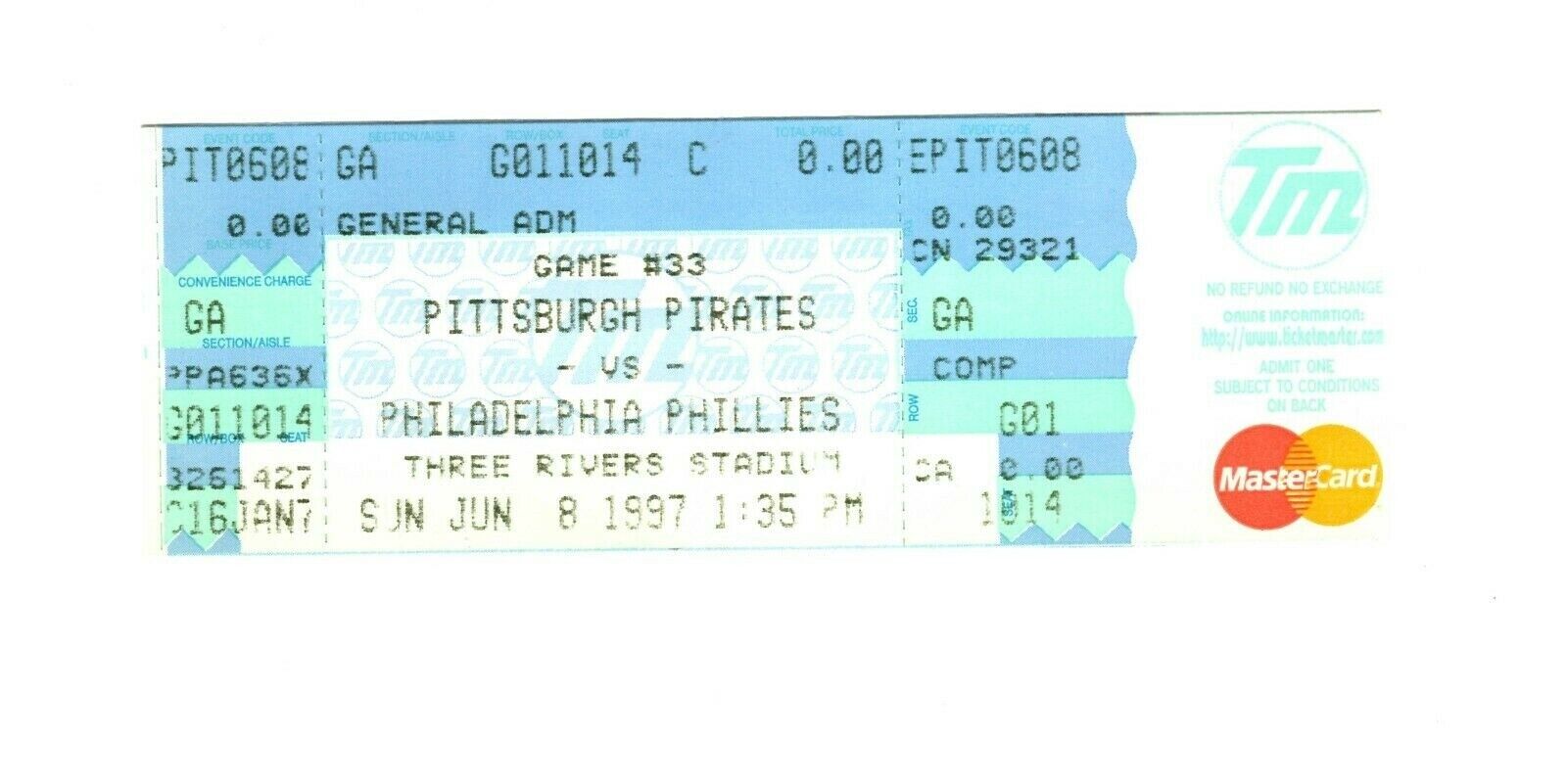 June 8 1997 Philadelphia Phillies @ Pittsburgh Pirates Ticket Curt Schilling Win