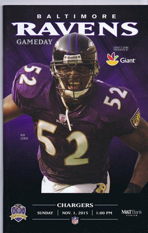 ORIGINAL Vintage November 1 2015 Baltimore Ravens vs Chargers Program Ray Lewis