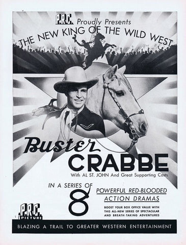 Buster Crabbe Westerns 1943 WWII Era ORIGINAL Vintage 9x12 Industry Ad 