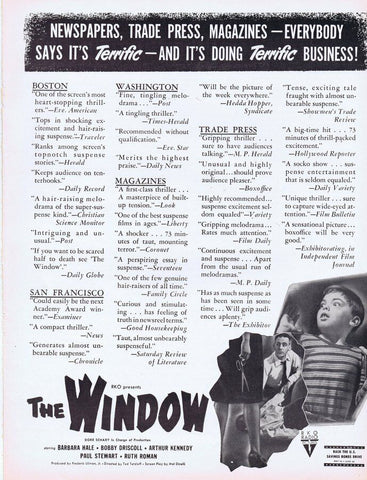 1949 The Window ORIGINAL Vintage 9x12 Industry Ad Barbara Hale Bobby Driscoll