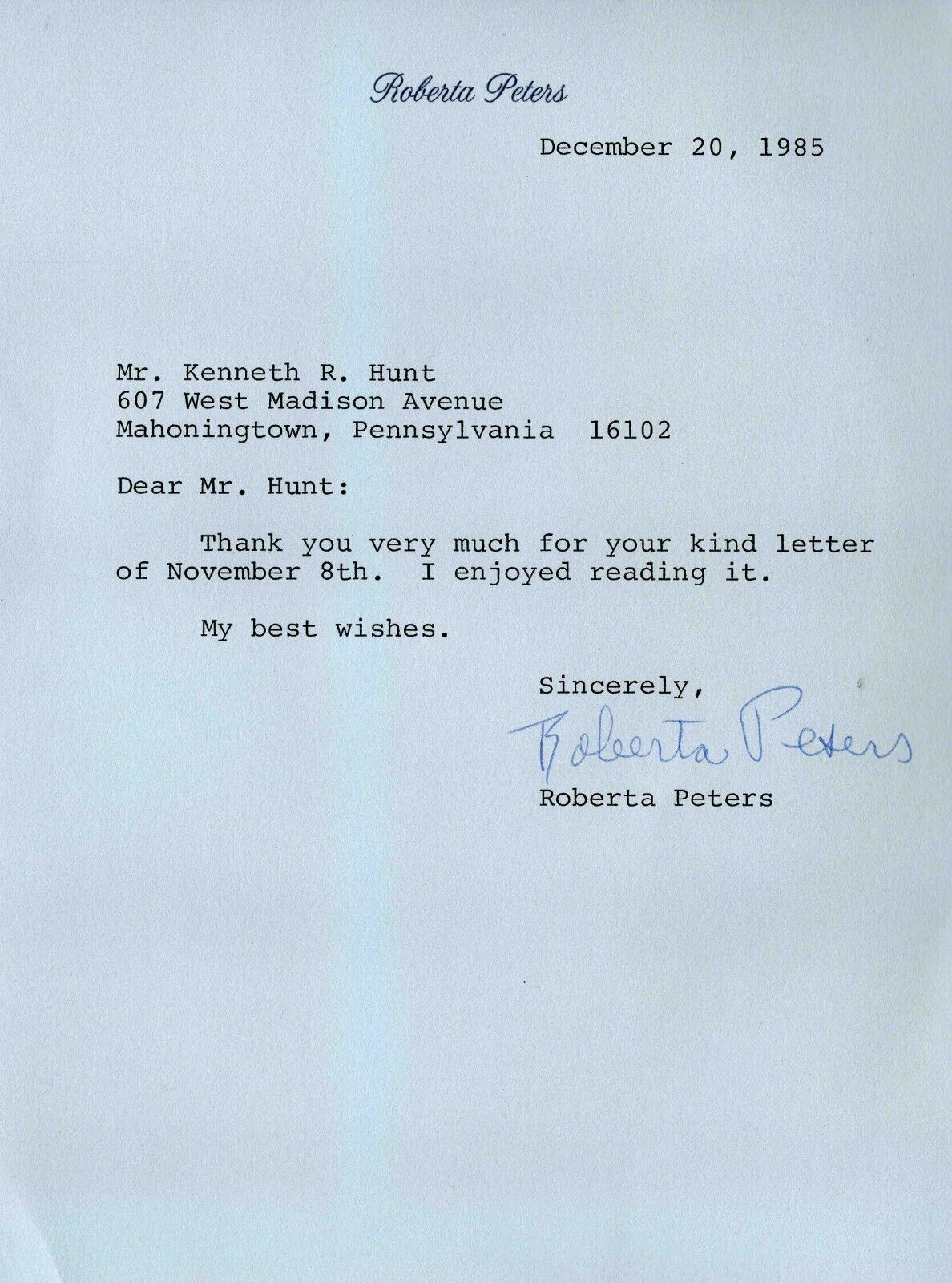 Roberta Peters Signed 1985 Typed Letter