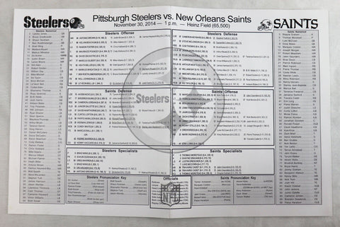 ORIGINAL Vintage Nov 30 2014 Saints @ Steelers Lineup Card Roethlisberger Brees