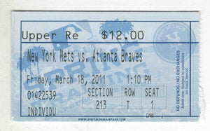 Mar 18 2011 NY Mets vs Atlanta Braves Spring Training Ticket