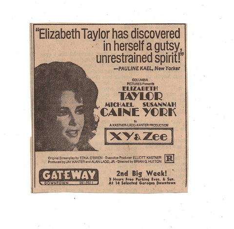 VINTAGE 1972 Xy & Zee Newspaper Advertisement Elizabeth Taylor Michael Caine