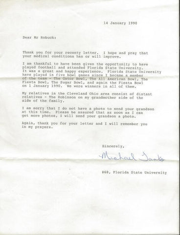 Michael Tanks Signed 1990 Typed Letter Florida State FSU