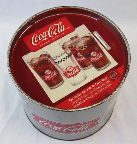 VINTAGE Gibson Coca Cola Glass Tumbler Set of 4 w/ Tin Penny Bank