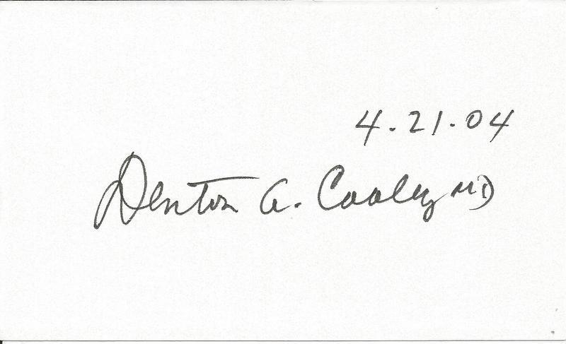 Denton A Cooley MD Signed 3x5 Index Card 2004