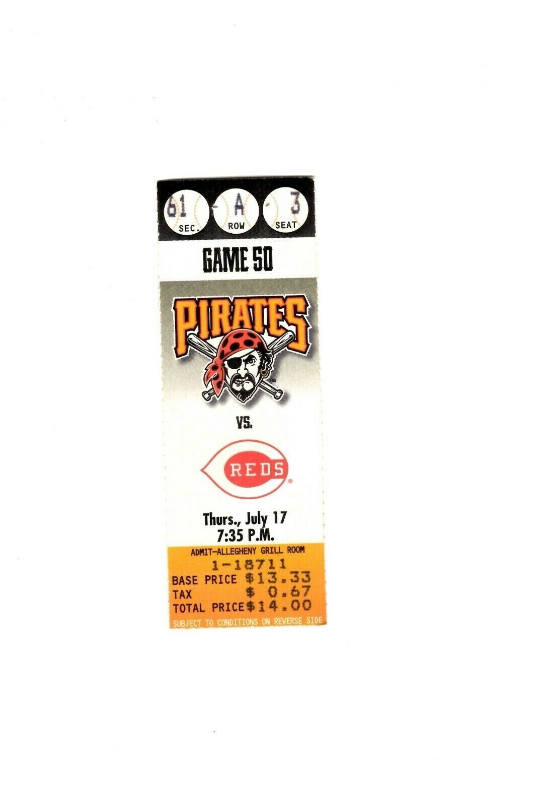 July 17 1997 Cincinnati Reds @ Pittsburgh Pirates Ticket Hal Morris 5 RBI