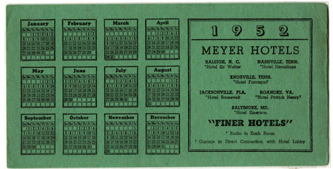 ORIGINAL Vintage 1952 Meyer Hotels NC TN FL VA MD 4x8" Advertisement Card