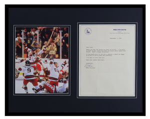 Mike Eruzione Signed Framed 16x20 1981 Letter & Photo Display Miracle on Ice JSA