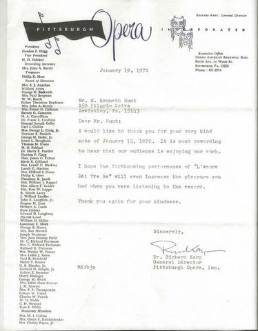 Dr Richard Karp Signed 1970 Typed Letter Pittsburgh Opera