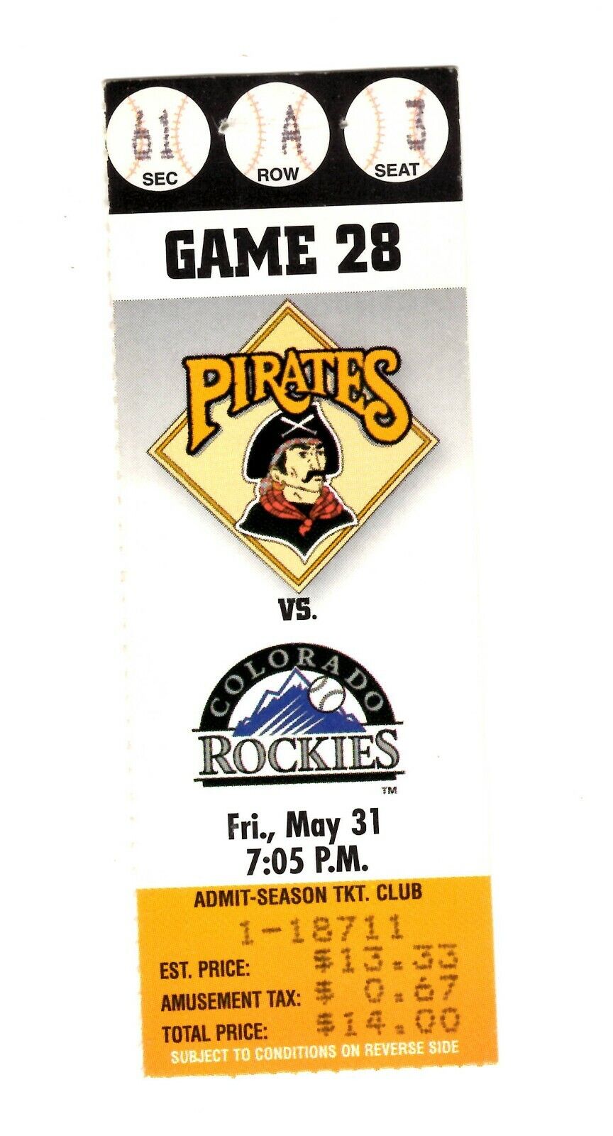 May 28 1995 Colorado Rockies @ Pittsburgh Pirates Ticket Larry Walker