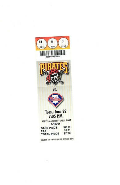 June 29 1999 Philadelphia Phillies @ Pittsburgh Pirates Ticket Curt Schilling W