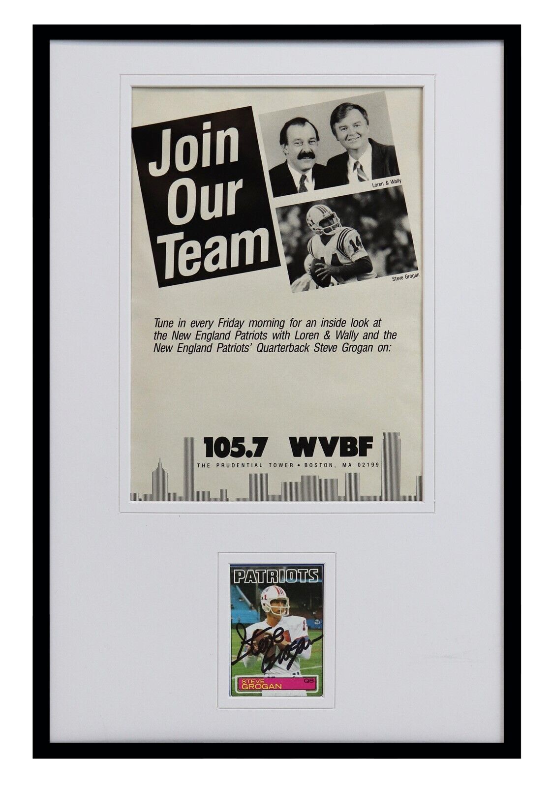 Steve Grogan Signed Framed 11x17 Vintage WVBF Radio Advertisement Patriots