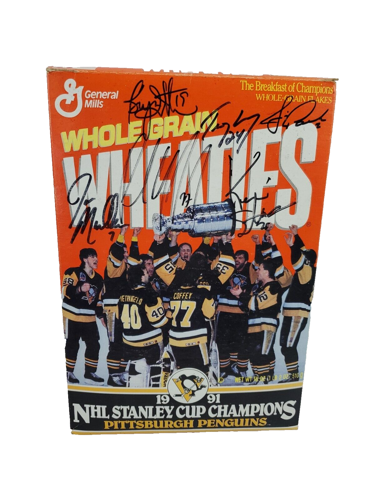 1991 Pittsburgh Penguins Team Signed Wheaties Box Coffey Mullen Trottier Stevens