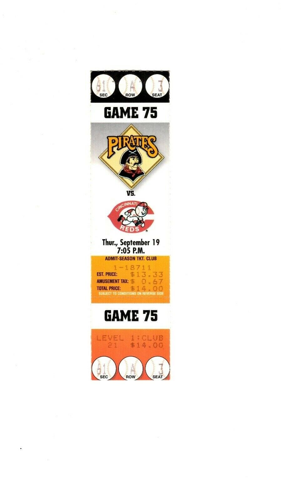 Sep 19 1999 Cincinnati Reds @ Pittsburgh Pirates Ticket Brian Giles 2 HR