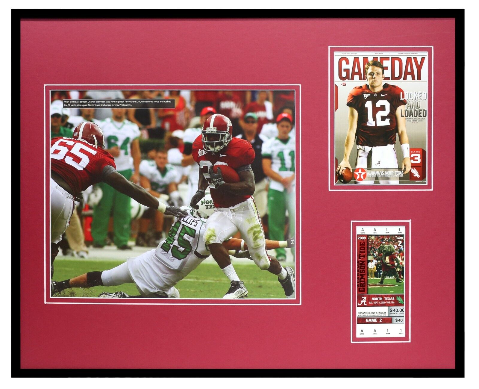 2009 Alabama vs N Texas Framed 16x20 Photo & Repro Ticket & Program Cover Set