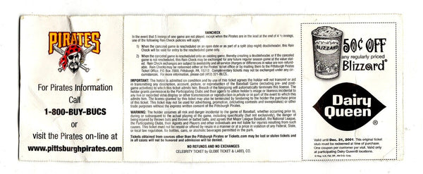 VINTAGE Sep 8 2001 Cincinnati Reds Pittsburgh Pirates Ticket Ken Griffey Jr