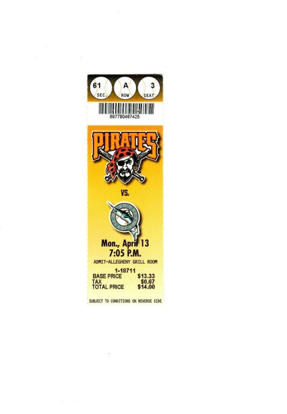 Apr 13 1998 Florida Marlins @ Pittsburgh Pirates Ticket Derrek Lee Grand Slam