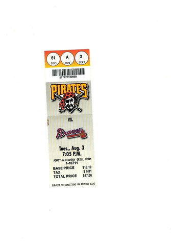 Aug 3 1999 Atlanta Braves @ Pittsburgh Pirates Ticket Brian Giles 2 HR