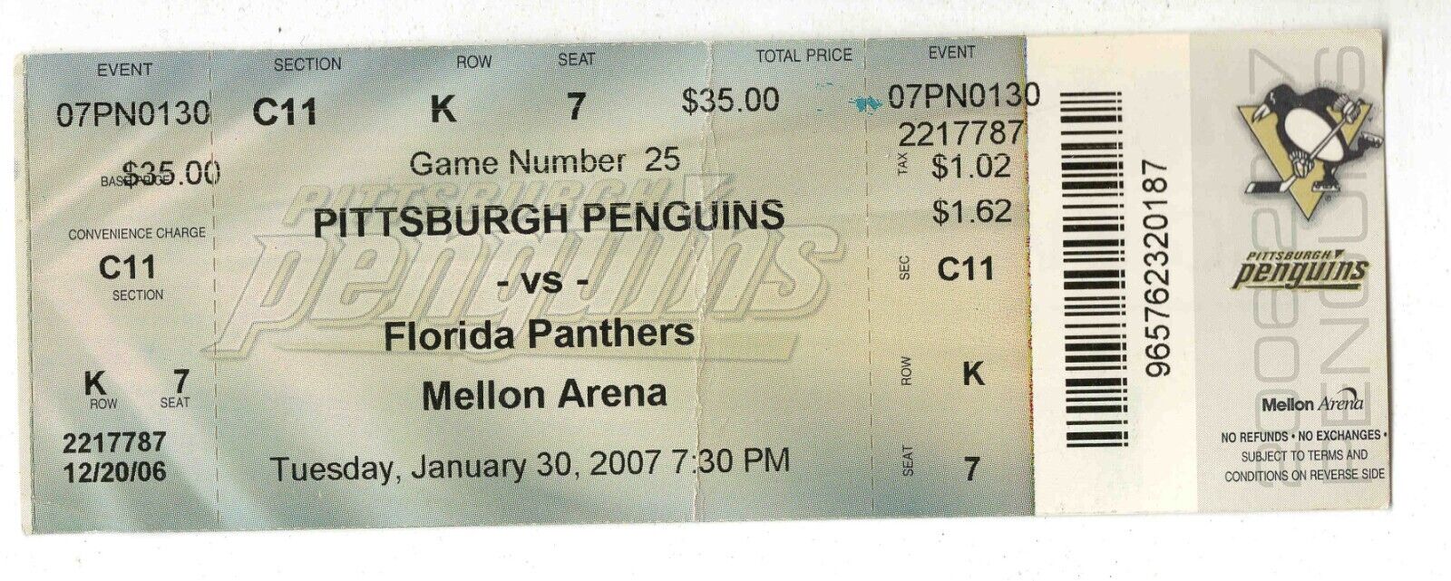 Jan 30 2007 Florida Panthers @ Pittsburgh Penguins Ticket MA Fleury Shutout