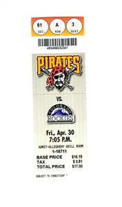 Apr 30 1999 Colorado Rockies @ Pittsburgh Pirates Ticket Larry Walker 2 HR