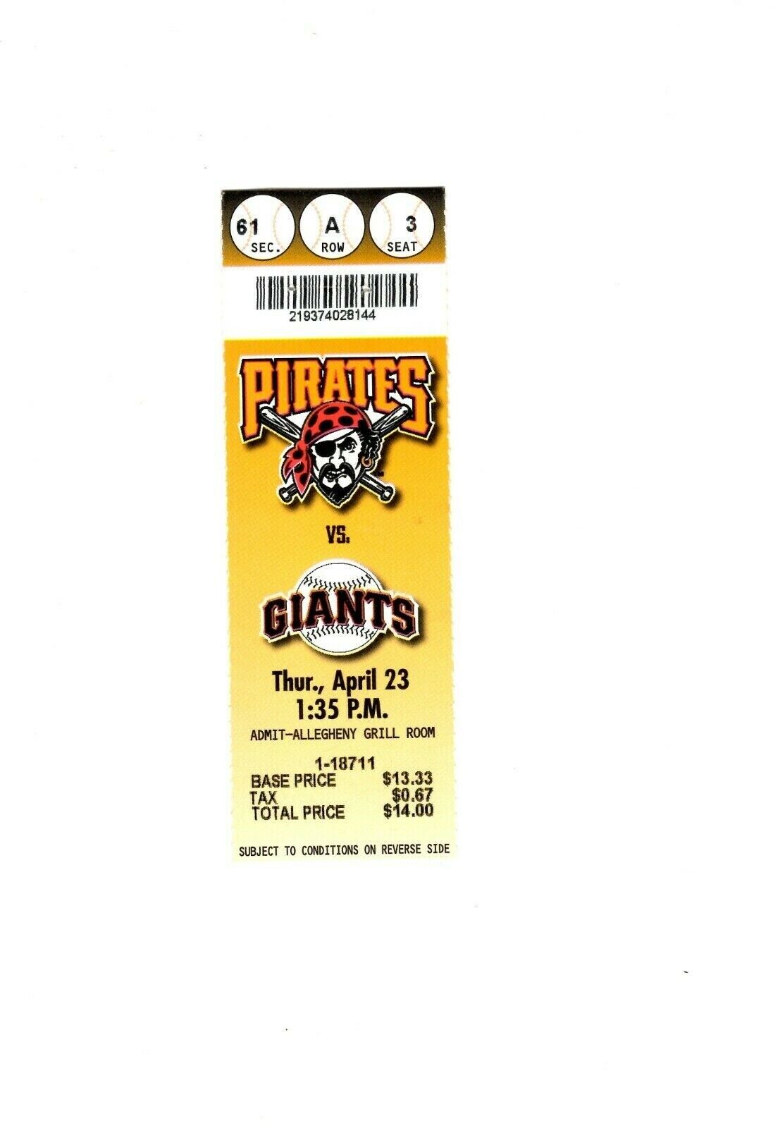 Apr 23 1998 San Francisco Giants @ Pittsburgh Pirates Ticket Barry Bonds