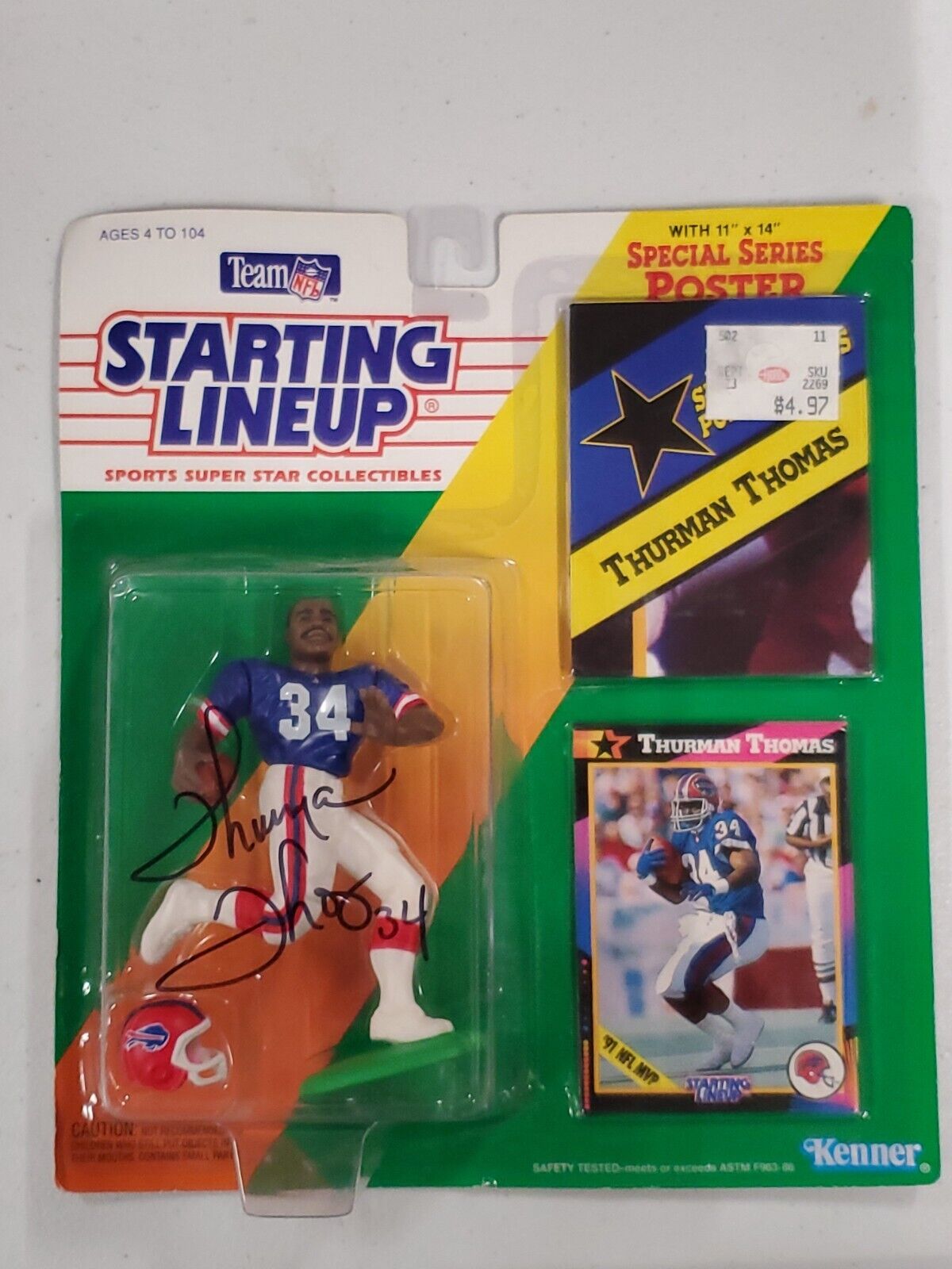 Thurman Thomas Signed 1992 Starting Lineup SLU Figure Sealed Bills 4/8/23 SCC