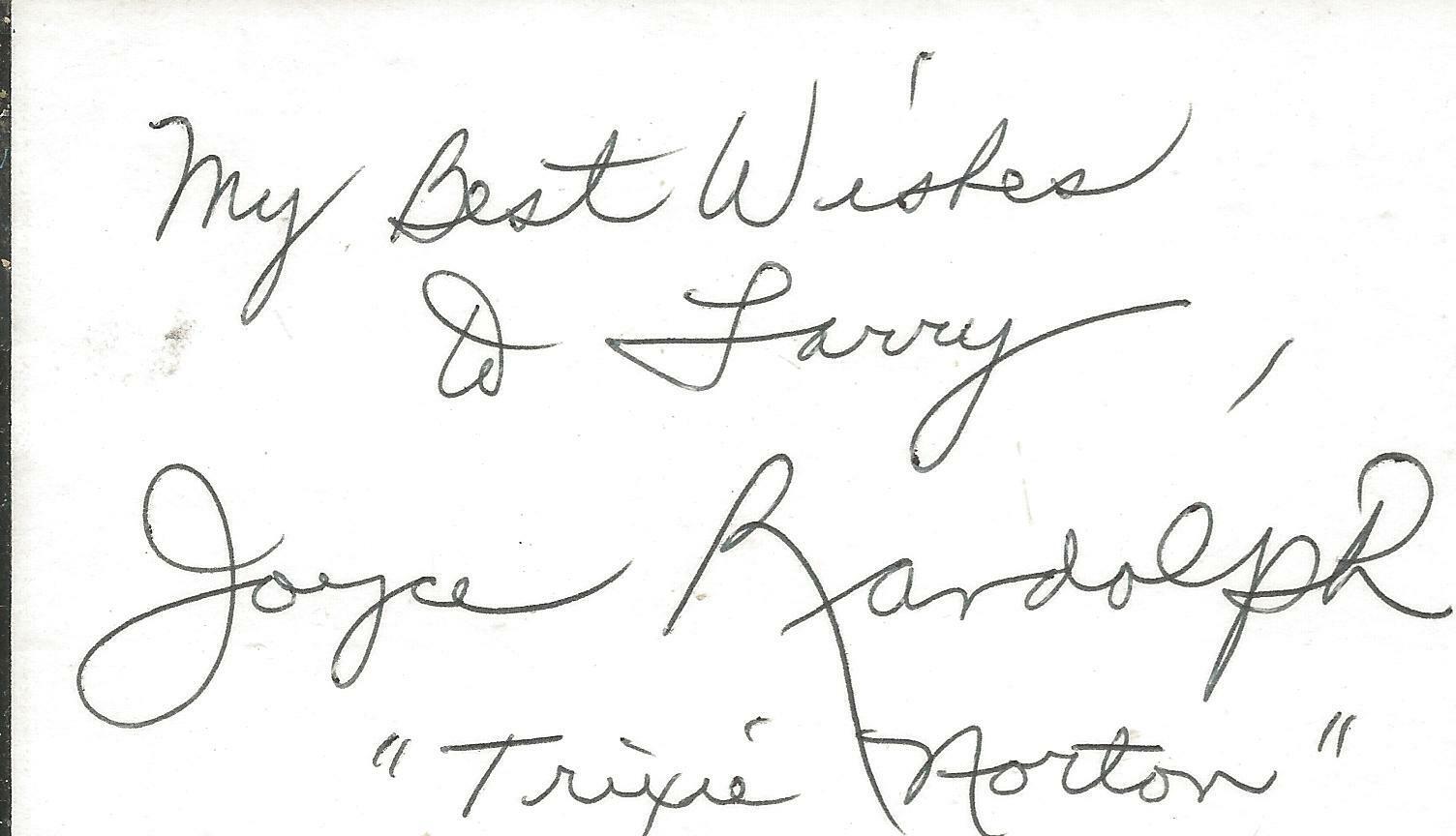 Joyce Randolph Signed 3x5 Index Card Honeymooners Trixie Norton Inscription