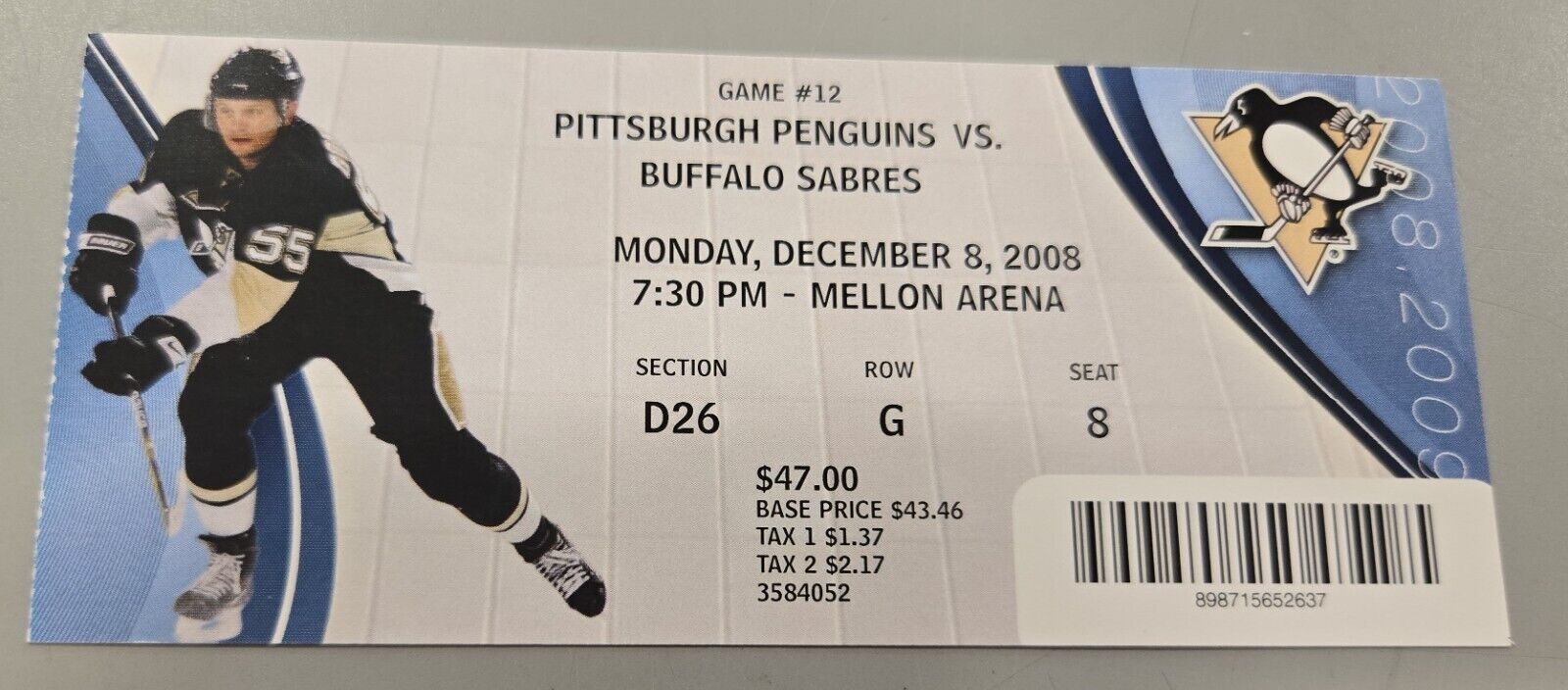 Dec 8 2008 Sabres @ Pittsburgh Penguins Ticket Ruslan Fedotenko 2 Goals