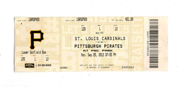 ORIGINAL Sept 28 2015 Cardinals @ Pittsburgh Pirates Ticket Mark Reynolds HR