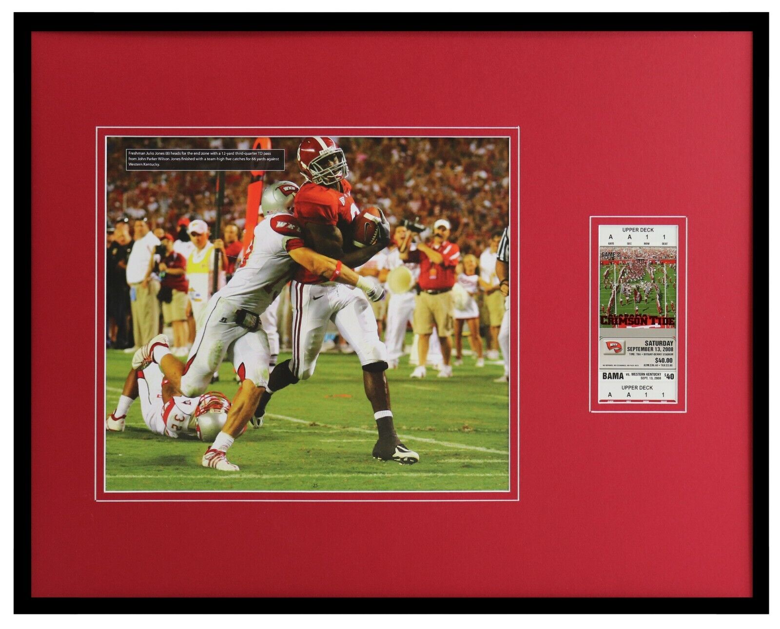 Julio Jones Framed 16x20 Photo & 2008 Alabama vs W Kentucky Replica Ticket Set