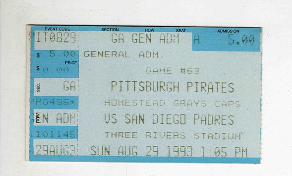 VINTAGE Aug 29 1993 San Diego @ Pittsburgh Pirates Ticket Doubleheader Gwynn