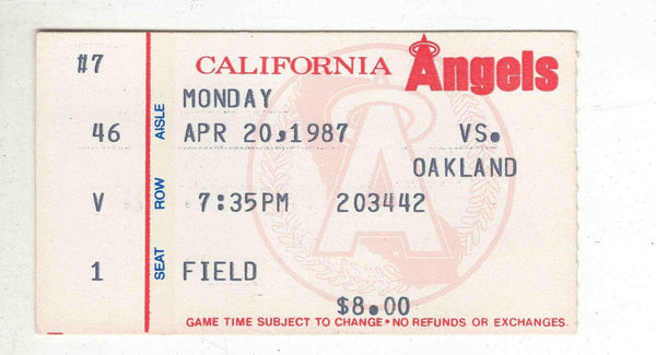 Apr 20 1987 California Angels Oakland A's Ticket Terry Steinbach 2 HR McGwire RC