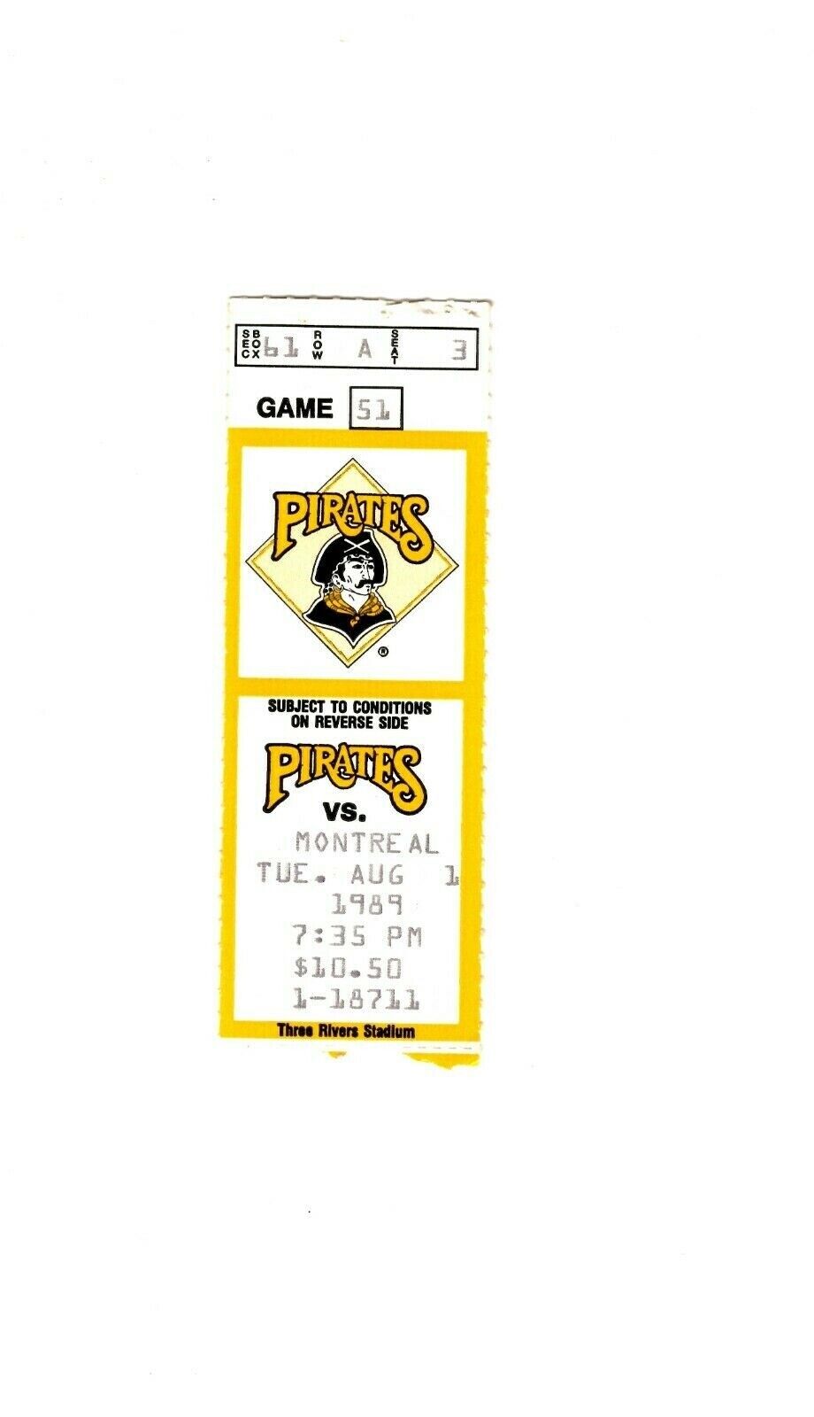 Aug 1 1989 Montreal Expos @ Pittsburgh Pirates Ticket Bobby Bonilla HR