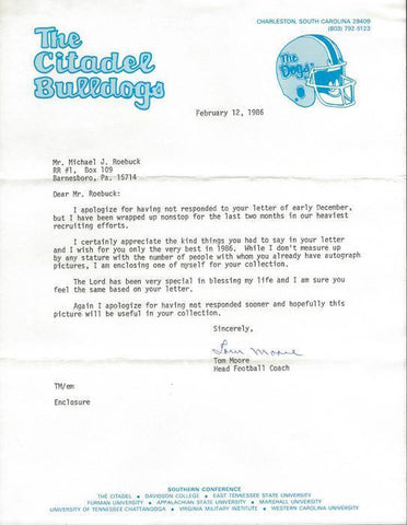 Tom Moore Signed 1986 Typed Letter Citadel Packers Vanderbilt