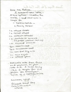 Elizabeth Kent Gay Signed 1968 Handwritten Cereal Recipe / Letter