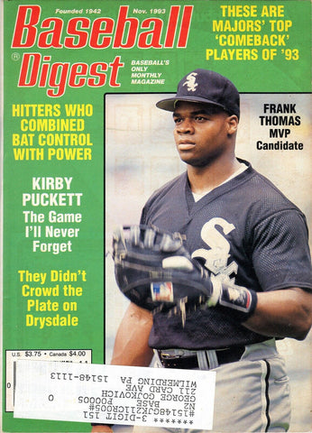 VINTAGE Nov 1993 Baseball Digest Magazine Frank Thomas Kirby Puckett