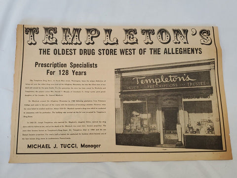 VINTAGE 1958 Templeton's Drug Store Half Page Newspaper Advertisement