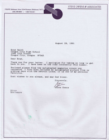 Steve Owens Signed 1991 Typed Letter Oklahoma Heiman Winner