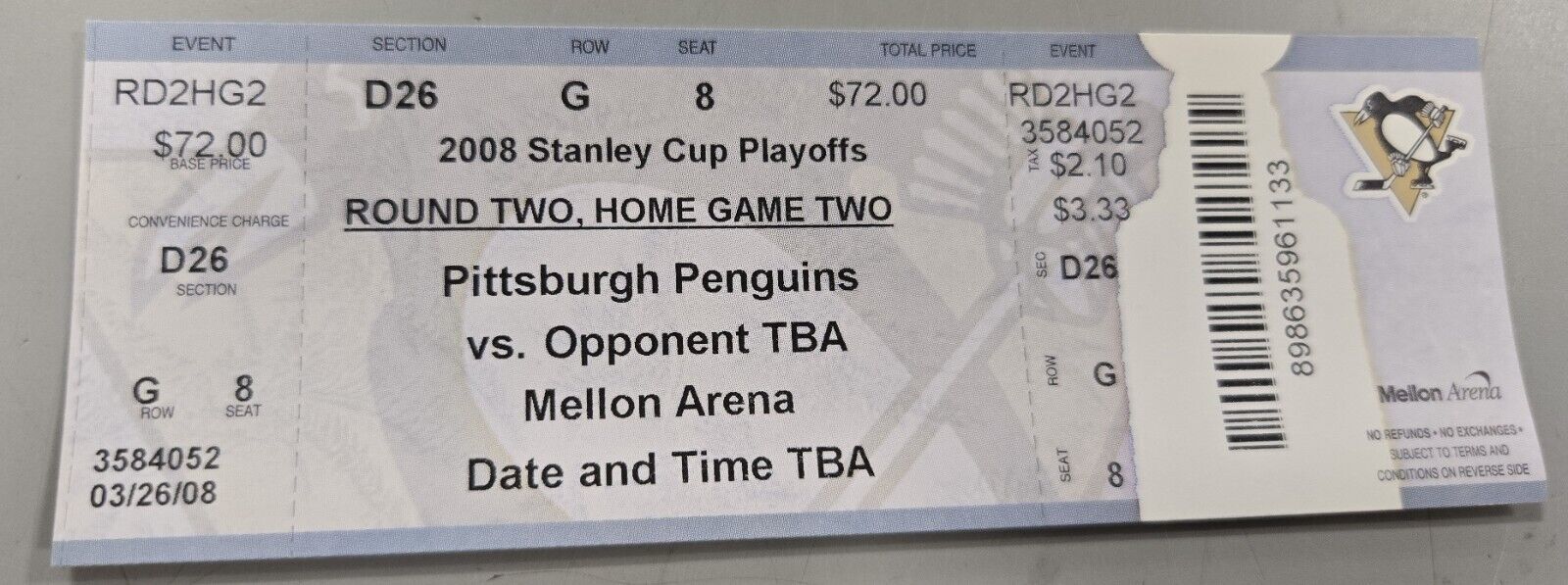 Apr 27 2008 Rangers @ Pittsburgh Penguins Playoff Ticket Marc Andre Fleury S/O