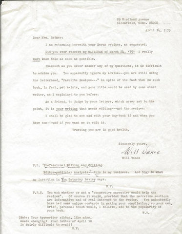 Will Vance Signed 1975 Typed Letter