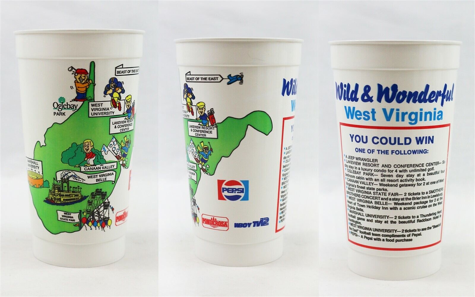 VINTAGE Ponderosa / Pepsi / WBOY Wild West Virginia Large Plastic Cup