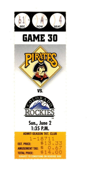 June 2 1996 Colorado Rockies @ Pittsburgh Pirates Ticket Galarraga Bichette