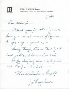 John Johnny Sauer 1990 Signed Handwritten Letter Citadel Pitt