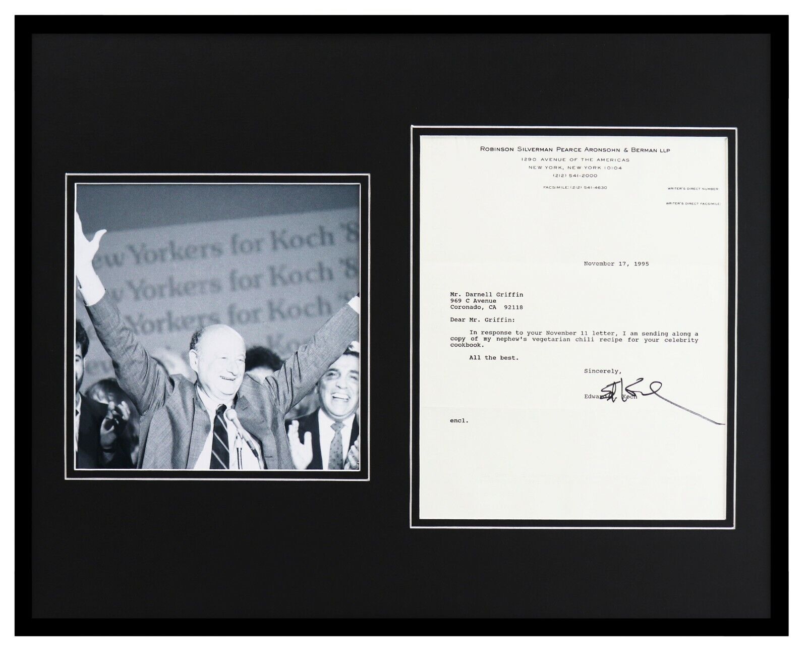 Ed Koch Signed Framed 16x20 Photo + 1995 Letter Display New York