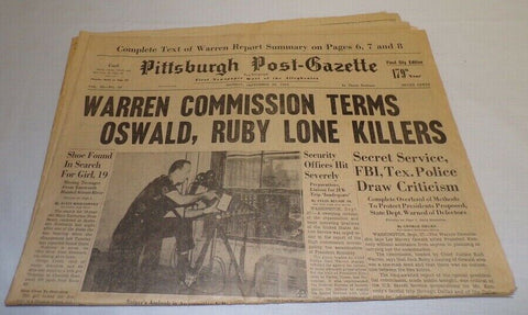 ORIGINAL Vintage Sep 28 1964 Pittsburgh Post Gazette JFK Warren Commission Ruby